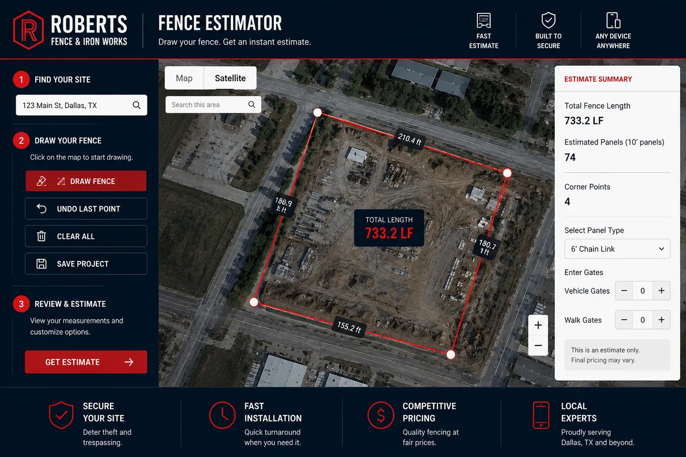A fence line drawn over an aerial photo of a construction site