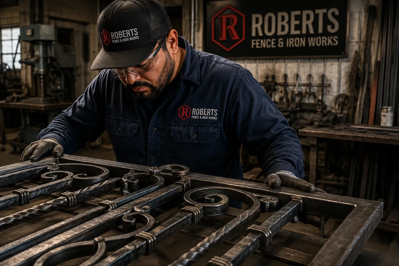 A Roberts craftsman finishing a scrolled wrought iron panel in the shop